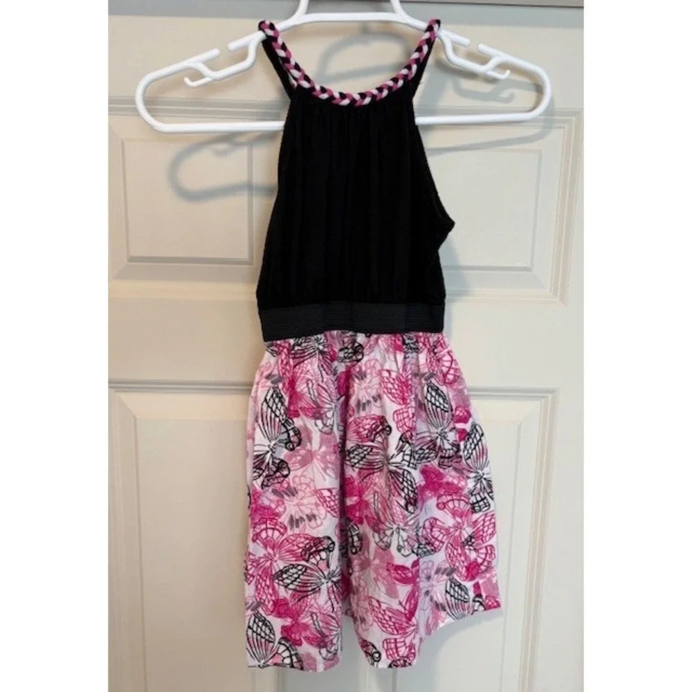 Lilt dress, girls size 7, rope collar, black top, butterfly print skirt